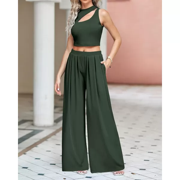 imageBTFBM Women 2 Piece Outfits Spring Summer Tracksuits Mock Neck Sleeveless Cutout Crop Top Wide Leg Long Pants SweatsuitsSolid Army Green