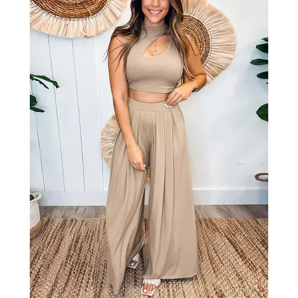 imageBTFBM Women 2 Piece Outfits Spring Summer Tracksuits Mock Neck Sleeveless Cutout Crop Top Wide Leg Long Pants SweatsuitsSolid Khaki