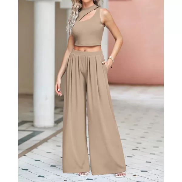 imageBTFBM Women 2 Piece Outfits Spring Summer Tracksuits Mock Neck Sleeveless Cutout Crop Top Wide Leg Long Pants SweatsuitsSolid Khaki