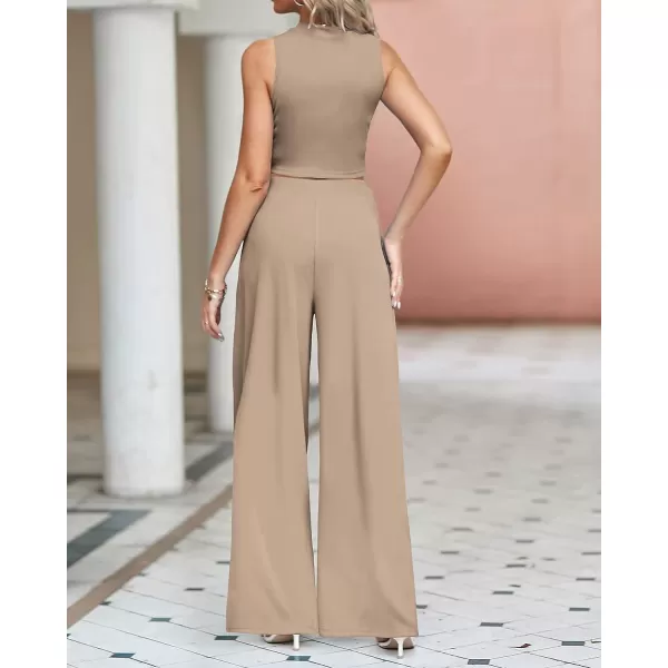 imageBTFBM Women 2 Piece Outfits Spring Summer Tracksuits Mock Neck Sleeveless Cutout Crop Top Wide Leg Long Pants SweatsuitsSolid Khaki