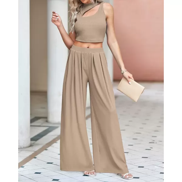 imageBTFBM Women 2 Piece Outfits Spring Summer Tracksuits Mock Neck Sleeveless Cutout Crop Top Wide Leg Long Pants SweatsuitsSolid Khaki