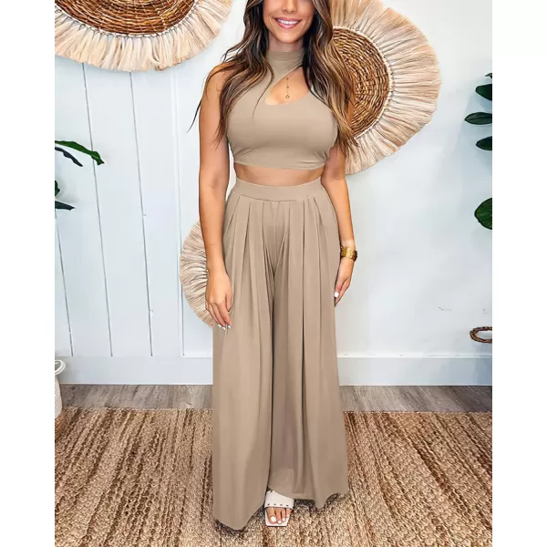 imageBTFBM Women 2 Piece Outfits Spring Summer Tracksuits Mock Neck Sleeveless Cutout Crop Top Wide Leg Long Pants SweatsuitsSolid Khaki