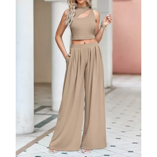 imageBTFBM Women 2 Piece Outfits Spring Summer Tracksuits Mock Neck Sleeveless Cutout Crop Top Wide Leg Long Pants SweatsuitsSolid Khaki