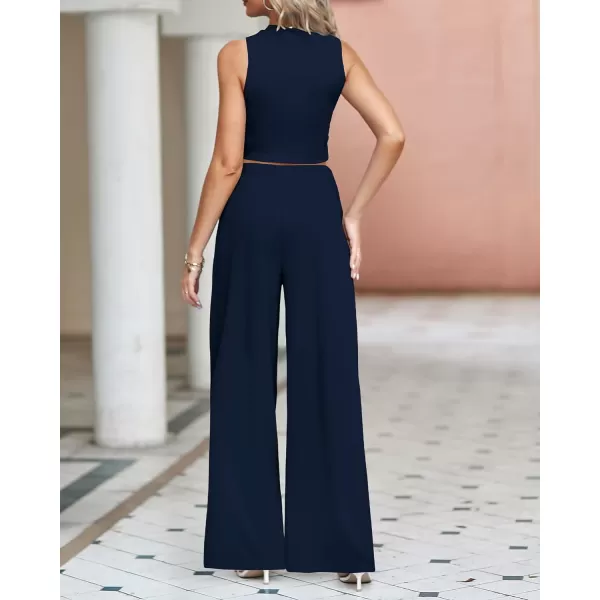 imageBTFBM Women 2 Piece Outfits Spring Summer Tracksuits Mock Neck Sleeveless Cutout Crop Top Wide Leg Long Pants SweatsuitsSolid Navy