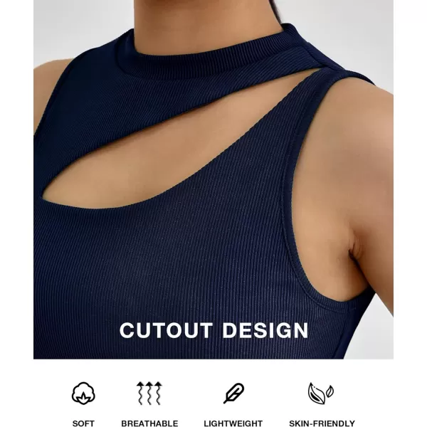 imageBTFBM Women 2 Piece Outfits Spring Summer Tracksuits Mock Neck Sleeveless Cutout Crop Top Wide Leg Long Pants SweatsuitsSolid Navy