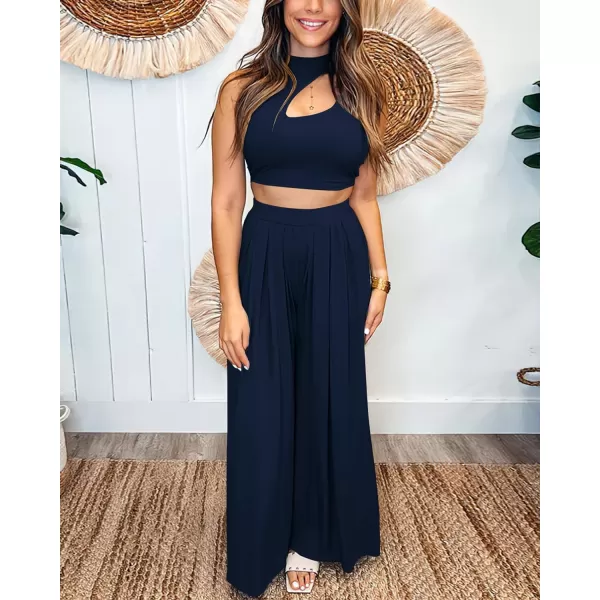 imageBTFBM Women 2 Piece Outfits Spring Summer Tracksuits Mock Neck Sleeveless Cutout Crop Top Wide Leg Long Pants SweatsuitsSolid Navy