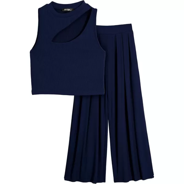 imageBTFBM Women 2 Piece Outfits Spring Summer Tracksuits Mock Neck Sleeveless Cutout Crop Top Wide Leg Long Pants SweatsuitsSolid Navy