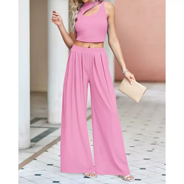 imageBTFBM Women 2 Piece Outfits Spring Summer Tracksuits Mock Neck Sleeveless Cutout Crop Top Wide Leg Long Pants SweatsuitsSolid Pink