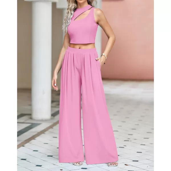 imageBTFBM Women 2 Piece Outfits Spring Summer Tracksuits Mock Neck Sleeveless Cutout Crop Top Wide Leg Long Pants SweatsuitsSolid Pink