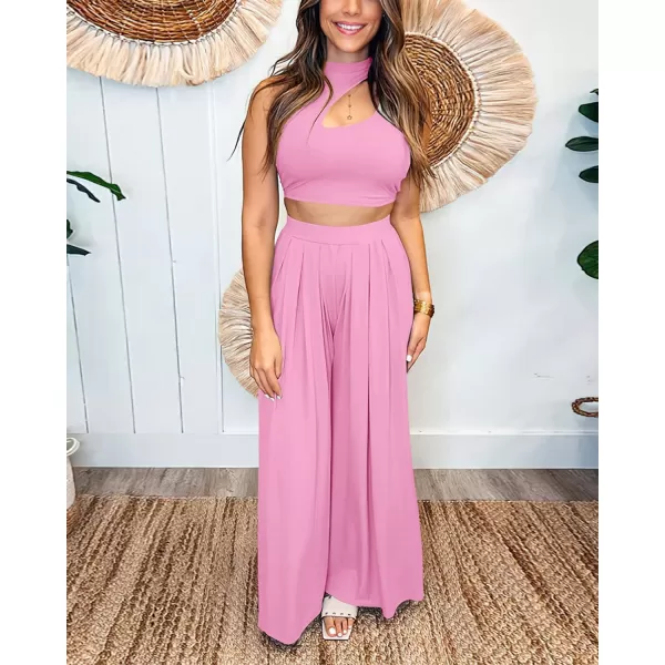 imageBTFBM Women 2 Piece Outfits Spring Summer Tracksuits Mock Neck Sleeveless Cutout Crop Top Wide Leg Long Pants SweatsuitsSolid Pink