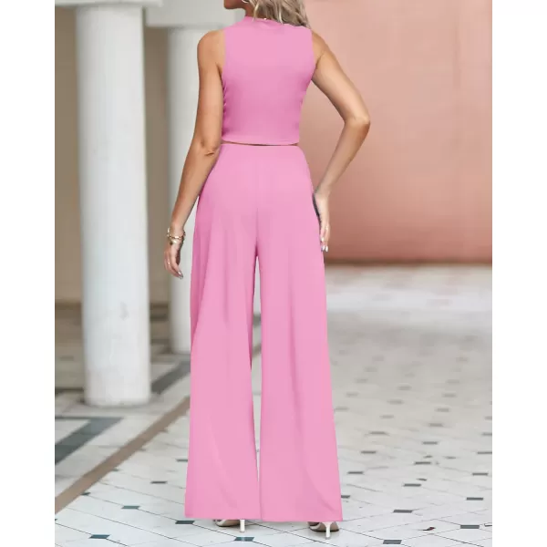 imageBTFBM Women 2 Piece Outfits Spring Summer Tracksuits Mock Neck Sleeveless Cutout Crop Top Wide Leg Long Pants SweatsuitsSolid Pink