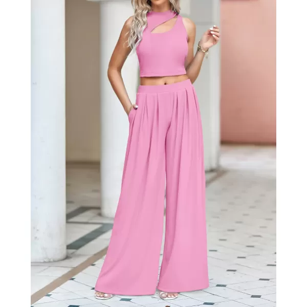 imageBTFBM Women 2 Piece Outfits Spring Summer Tracksuits Mock Neck Sleeveless Cutout Crop Top Wide Leg Long Pants SweatsuitsSolid Pink