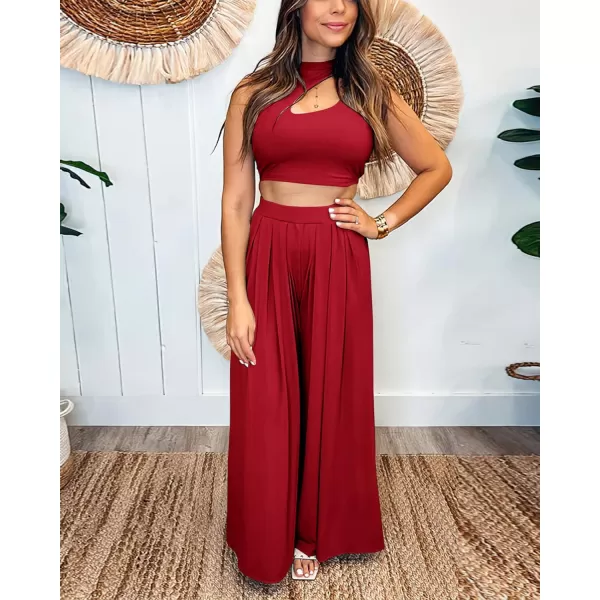 imageBTFBM Women 2 Piece Outfits Spring Summer Tracksuits Mock Neck Sleeveless Cutout Crop Top Wide Leg Long Pants SweatsuitsSolid Red