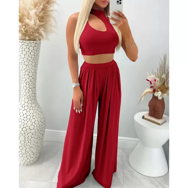 imageBTFBM Women 2 Piece Outfits Spring Summer Tracksuits Mock Neck Sleeveless Cutout Crop Top Wide Leg Long Pants SweatsuitsSolid Red