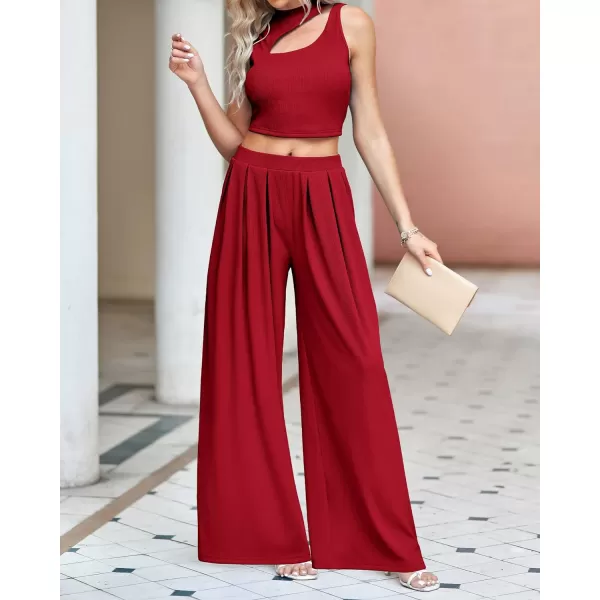 imageBTFBM Women 2 Piece Outfits Spring Summer Tracksuits Mock Neck Sleeveless Cutout Crop Top Wide Leg Long Pants SweatsuitsSolid Red