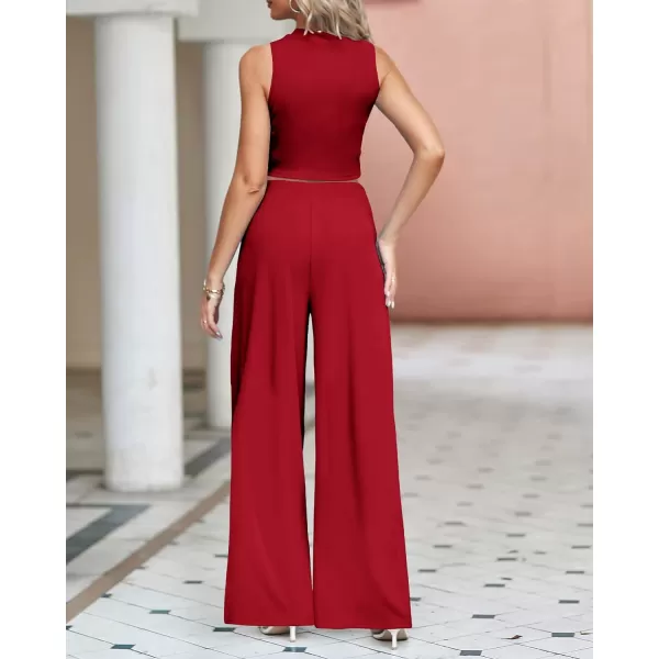 imageBTFBM Women 2 Piece Outfits Spring Summer Tracksuits Mock Neck Sleeveless Cutout Crop Top Wide Leg Long Pants SweatsuitsSolid Red