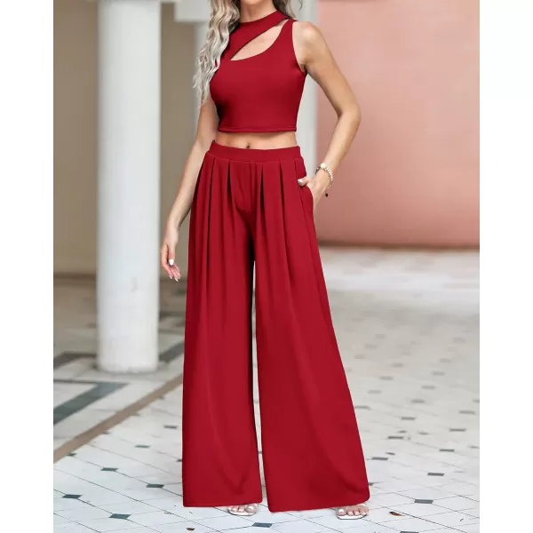 imageBTFBM Women 2 Piece Outfits Spring Summer Tracksuits Mock Neck Sleeveless Cutout Crop Top Wide Leg Long Pants SweatsuitsSolid Red
