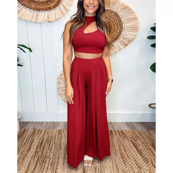 imageBTFBM Women 2 Piece Outfits Spring Summer Tracksuits Mock Neck Sleeveless Cutout Crop Top Wide Leg Long Pants SweatsuitsSolid Red