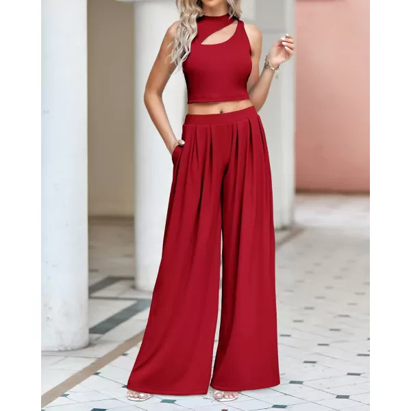 imageBTFBM Women 2 Piece Outfits Spring Summer Tracksuits Mock Neck Sleeveless Cutout Crop Top Wide Leg Long Pants SweatsuitsSolid Red