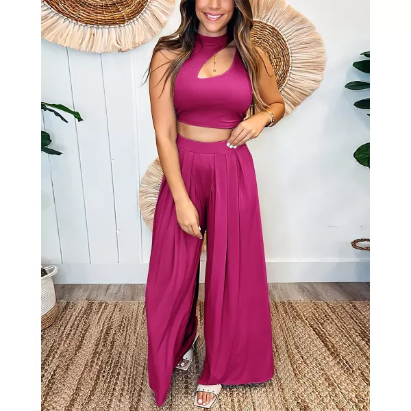 imageBTFBM Women 2 Piece Outfits Spring Summer Tracksuits Mock Neck Sleeveless Cutout Crop Top Wide Leg Long Pants SweatsuitsSolid Rose Red