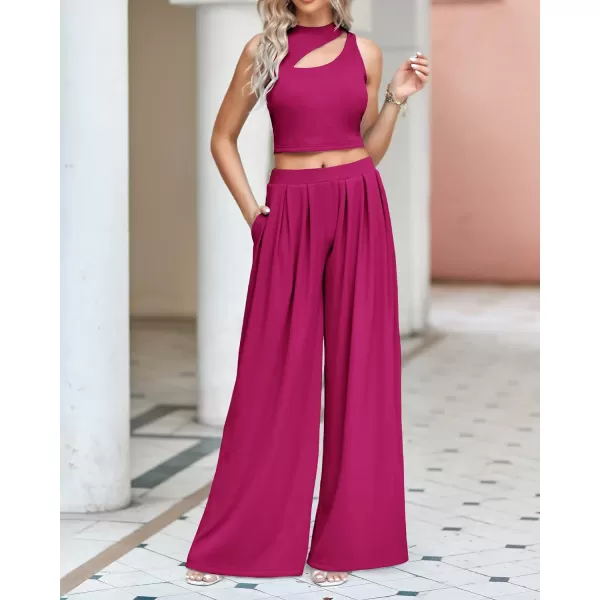 imageBTFBM Women 2 Piece Outfits Spring Summer Tracksuits Mock Neck Sleeveless Cutout Crop Top Wide Leg Long Pants SweatsuitsSolid Rose Red