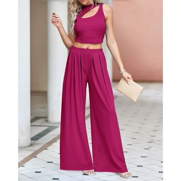 imageBTFBM Women 2 Piece Outfits Spring Summer Tracksuits Mock Neck Sleeveless Cutout Crop Top Wide Leg Long Pants SweatsuitsSolid Rose Red