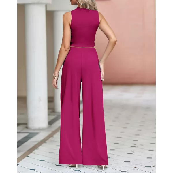 imageBTFBM Women 2 Piece Outfits Spring Summer Tracksuits Mock Neck Sleeveless Cutout Crop Top Wide Leg Long Pants SweatsuitsSolid Rose Red