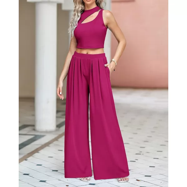 imageBTFBM Women 2 Piece Outfits Spring Summer Tracksuits Mock Neck Sleeveless Cutout Crop Top Wide Leg Long Pants SweatsuitsSolid Rose Red