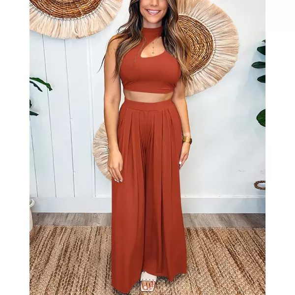 imageBTFBM Women 2 Piece Outfits Spring Summer Tracksuits Mock Neck Sleeveless Cutout Crop Top Wide Leg Long Pants SweatsuitsSolid Rust Red