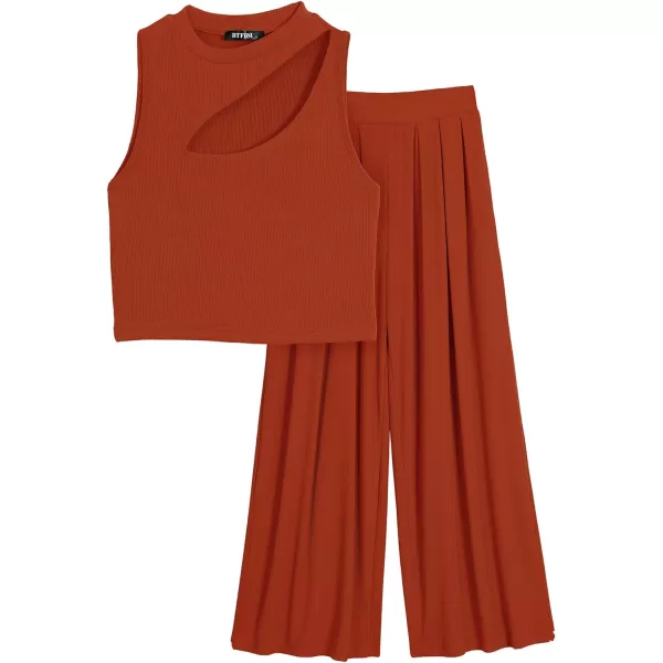 imageBTFBM Women 2 Piece Outfits Spring Summer Tracksuits Mock Neck Sleeveless Cutout Crop Top Wide Leg Long Pants SweatsuitsSolid Rust Red