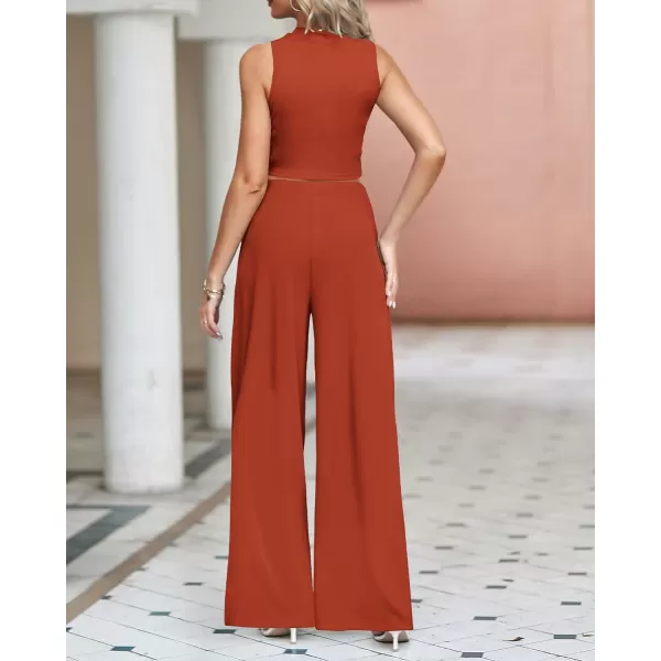 imageBTFBM Women 2 Piece Outfits Spring Summer Tracksuits Mock Neck Sleeveless Cutout Crop Top Wide Leg Long Pants SweatsuitsSolid Rust Red