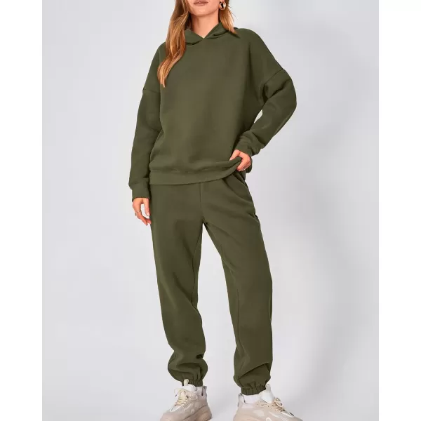 imageBTFBM Women 2 Piece Sweatsuits Long Sleeve Hooded Pullover Jogger Pants Fall Winter Casual Loose Lounge Sets TracksuitSolid Army Green