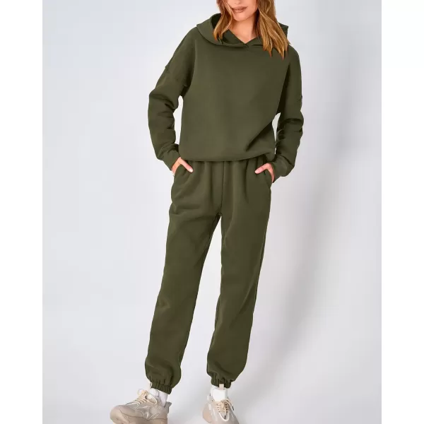 imageBTFBM Women 2 Piece Sweatsuits Long Sleeve Hooded Pullover Jogger Pants Fall Winter Casual Loose Lounge Sets TracksuitSolid Army Green