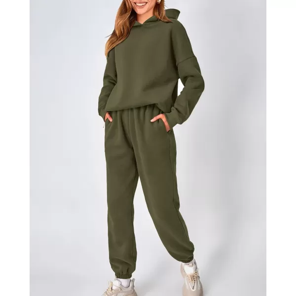 imageBTFBM Women 2 Piece Sweatsuits Long Sleeve Hooded Pullover Jogger Pants Fall Winter Casual Loose Lounge Sets TracksuitSolid Army Green