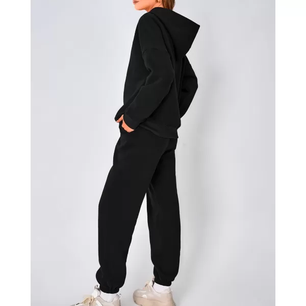 imageBTFBM Women 2 Piece Sweatsuits Long Sleeve Hooded Pullover Jogger Pants Fall Winter Casual Loose Lounge Sets TracksuitSolid Black