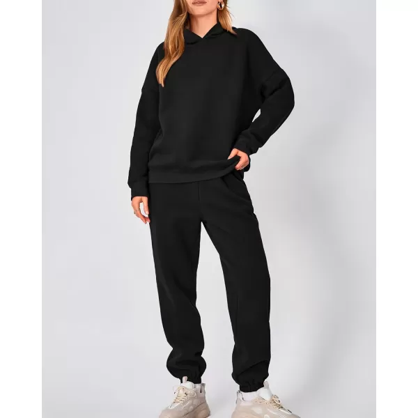 imageBTFBM Women 2 Piece Sweatsuits Long Sleeve Hooded Pullover Jogger Pants Fall Winter Casual Loose Lounge Sets TracksuitSolid Black
