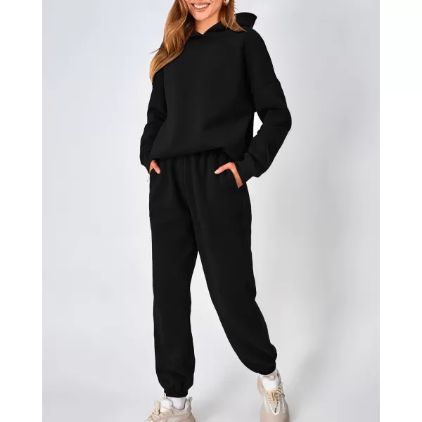 imageBTFBM Women 2 Piece Sweatsuits Long Sleeve Hooded Pullover Jogger Pants Fall Winter Casual Loose Lounge Sets TracksuitSolid Black