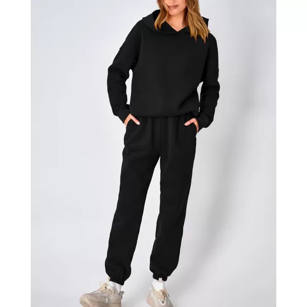 imageBTFBM Women 2 Piece Sweatsuits Long Sleeve Hooded Pullover Jogger Pants Fall Winter Casual Loose Lounge Sets TracksuitSolid Black