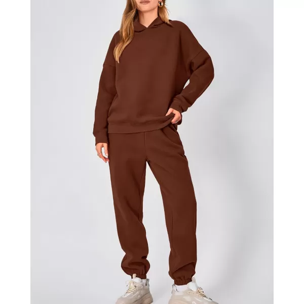 imageBTFBM Women 2 Piece Sweatsuits Long Sleeve Hooded Pullover Jogger Pants Fall Winter Casual Loose Lounge Sets TracksuitSolid Brown