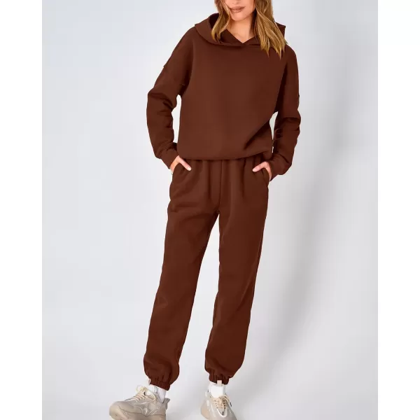 imageBTFBM Women 2 Piece Sweatsuits Long Sleeve Hooded Pullover Jogger Pants Fall Winter Casual Loose Lounge Sets TracksuitSolid Brown