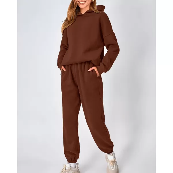 imageBTFBM Women 2 Piece Sweatsuits Long Sleeve Hooded Pullover Jogger Pants Fall Winter Casual Loose Lounge Sets TracksuitSolid Brown