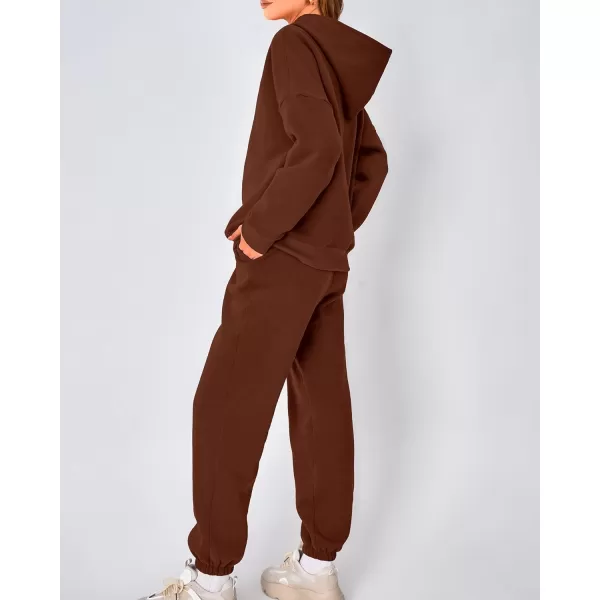 imageBTFBM Women 2 Piece Sweatsuits Long Sleeve Hooded Pullover Jogger Pants Fall Winter Casual Loose Lounge Sets TracksuitSolid Brown
