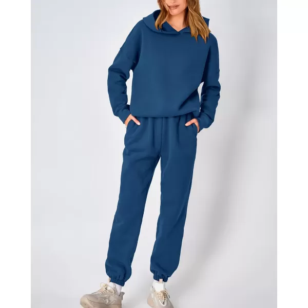imageBTFBM Women 2 Piece Sweatsuits Long Sleeve Hooded Pullover Jogger Pants Fall Winter Casual Loose Lounge Sets TracksuitSolid Dark Blue
