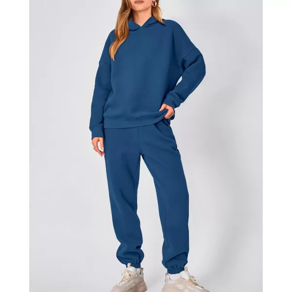 imageBTFBM Women 2 Piece Sweatsuits Long Sleeve Hooded Pullover Jogger Pants Fall Winter Casual Loose Lounge Sets TracksuitSolid Dark Blue