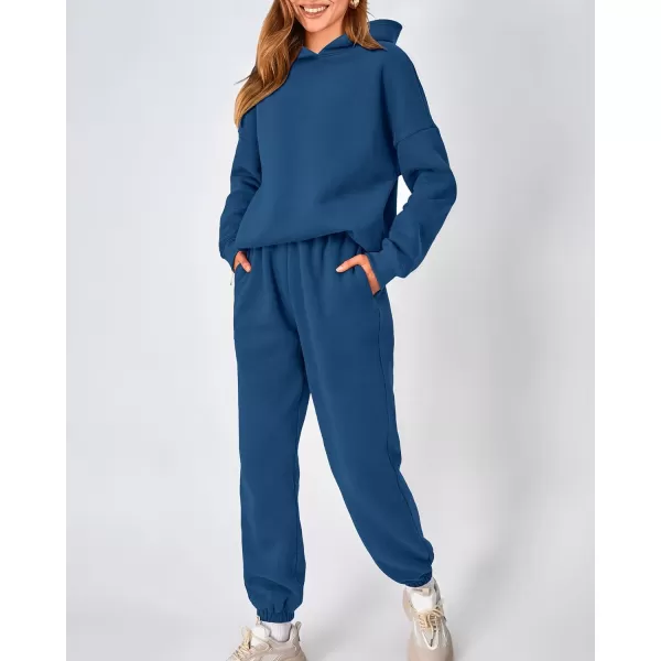 imageBTFBM Women 2 Piece Sweatsuits Long Sleeve Hooded Pullover Jogger Pants Fall Winter Casual Loose Lounge Sets TracksuitSolid Dark Blue