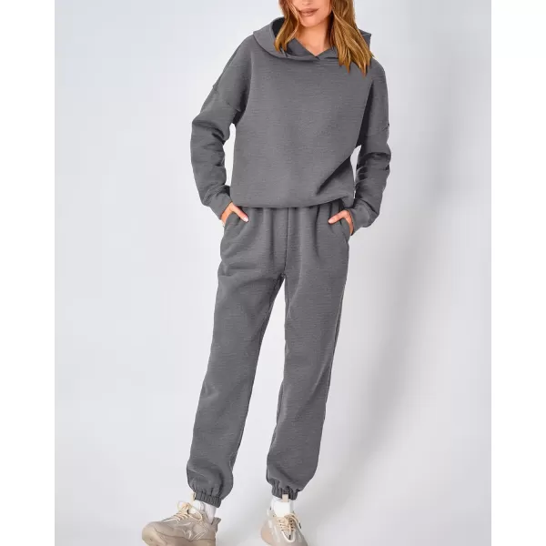imageBTFBM Women 2 Piece Sweatsuits Long Sleeve Hooded Pullover Jogger Pants Fall Winter Casual Loose Lounge Sets TracksuitSolid Dark Grey