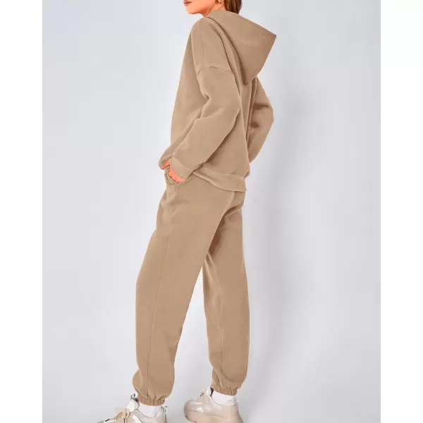 imageBTFBM Women 2 Piece Sweatsuits Long Sleeve Hooded Pullover Jogger Pants Fall Winter Casual Loose Lounge Sets TracksuitSolid Khaki