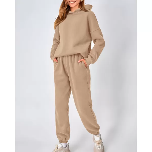imageBTFBM Women 2 Piece Sweatsuits Long Sleeve Hooded Pullover Jogger Pants Fall Winter Casual Loose Lounge Sets TracksuitSolid Khaki