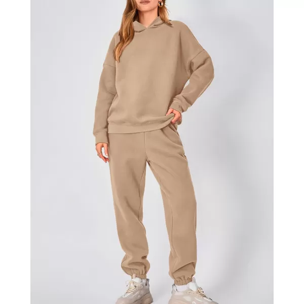 imageBTFBM Women 2 Piece Sweatsuits Long Sleeve Hooded Pullover Jogger Pants Fall Winter Casual Loose Lounge Sets TracksuitSolid Khaki