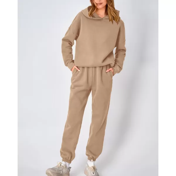 imageBTFBM Women 2 Piece Sweatsuits Long Sleeve Hooded Pullover Jogger Pants Fall Winter Casual Loose Lounge Sets TracksuitSolid Khaki